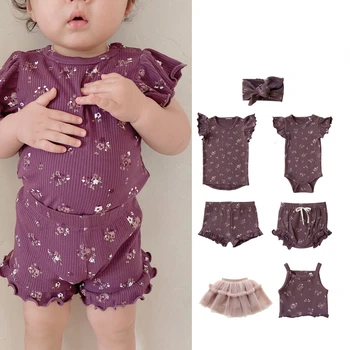 Baby Girl Clothes202 Vasaros Medvilnės Violetinė Gėlių Šortai, Liemenės Kostiumas Drabužius Kūdikiui Mielas Medvilnės Duona Kelnes Maišelį Bezdalius Suknelė