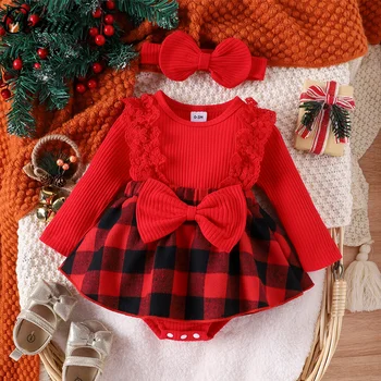 Ceeniu 0-12 Mano Pirmoji Kalėdų Baby Girl Drabužiai Nėrinių Bowknot Raudonas Pledas Romper Suknelė Naujųjų Metų Kostiumas Kūdikių Bodysuit, Skirtas Naujagimiams