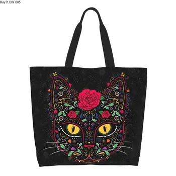 Dieną Kačiukas Katė Bakalėjos Pirkinių Krepšys Mielas Atspausdinta Drobė Shopper Nešti Pečių Maišą Didelių Pajėgumų Meksikos Gėlių Rankinės