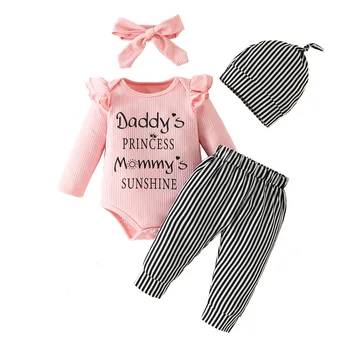Iki 2023 m. Rudenį 4Pcs Baby Girl Drabužiai Nustatyti Laišką Modelis Juostele Komplektus ilgomis Rankovėmis Megztiniai Romper + Kelnės + Lankelis + Kepuraitė