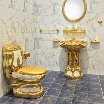 Karališkosios senovinių aukso padengtą spalvos vonios kambario santechnika, prabangus unitazo ir pjedestalo kriauklės, praustuvo keramikos aukso tualeto rinkinys