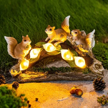 Lauko Saulės Šviesos Dekoratyvinės Šviesos Dervos Sodo Ornamentu Šviesiai Trys Voverės Amatų Modeliavimas Zoo Meno Vejos Dekoratyvinės Šviesos