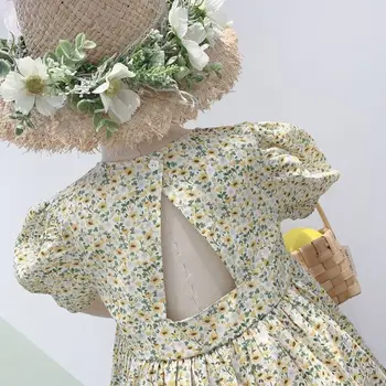 Medvilnės Gėlių Mergaitės Suknelė Vasaros 2022 Backless Sluoksniuotos Rankovėmis Slim Saldus Stilius, Vaikams, Vaikų Drabužiai, Aukščiausios Kokybės
