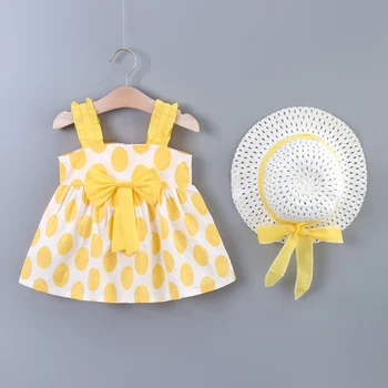 Mergaičių vasaros plisuotos petį princesė dress vaikų didelis apvalus dot spausdinti lankas suknelę ir skrybėlę dviejų dalių komplektas