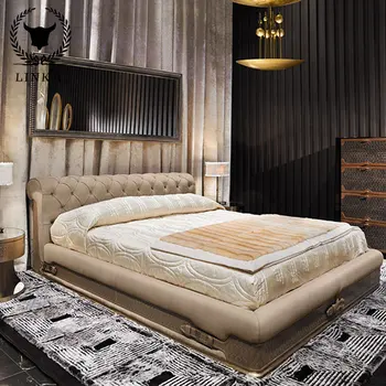 Modernios šviesos prabangus odinis lova italijos matinio odos dvigubo medžio masyvo lova baldų pritaikymas savo reikmėms