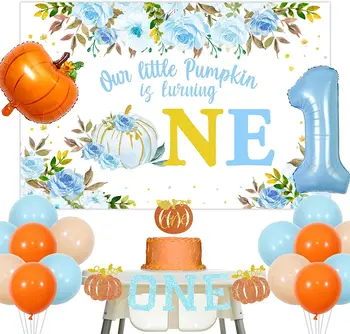 Moliūgų 1-ojo Gimtadienio Dekoracijas Berniukams Mūsų Mažai Moliūgų Sukasi Vienas Fonas Baby Blue Orange Balionai Highchair Reklama