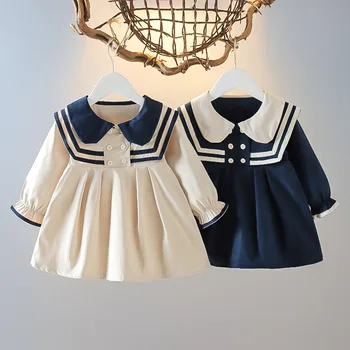 Sailor Apykaklės Preppy Stilius Kūdikių Mergaičių Suknelė iki 2023 m. Pavasarį, Rudenį Naujų korėjos Versija, Puikus Saldus Visas rungtynes, Atsitiktinis Princesė Suknelė