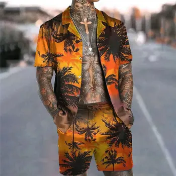 Vyriški Marškiniai Nustatyti Vasaros Havajų Marškinėliai Kokoso Medžio Grafikos Spaudinius Kubos Gatvės Atsitiktinis trumpomis Rankovėmis Spausdinti Drabužių Atogrąžų